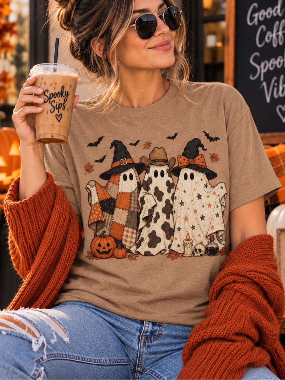 Halloween Ghosts Graphic T- Shirts 100% Cotton Autumn Fall